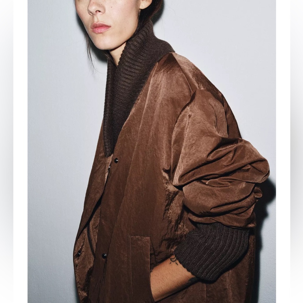 NWT Zara Ribbed Trim Jacket Sz:L Brown - Picture 5 of 8